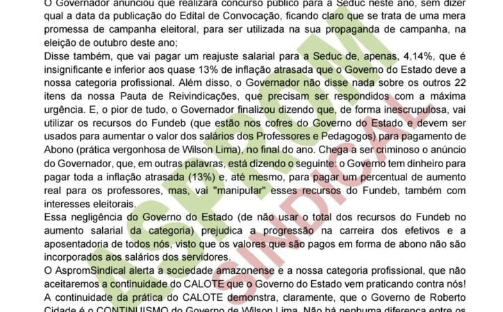 ‘Professor no Amazonas vale 4,14%’, dizem educadores após Roberto Cidade anunciar reajuste