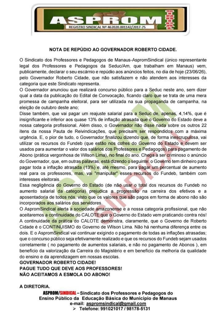‘Professor no Amazonas vale 4,14%’, dizem educadores após Roberto Cidade anunciar reajuste