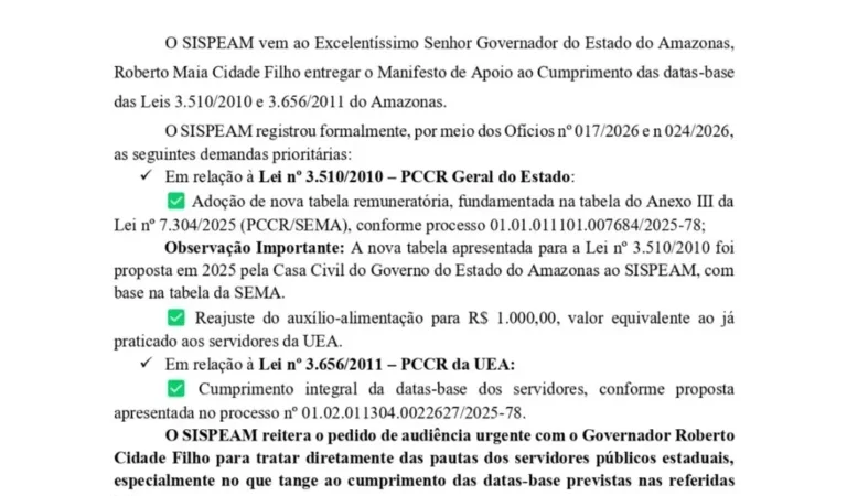 Após ato, servidores públicos cobram reunião com Roberto Cidade e pressiona por reajuste e datas-base
