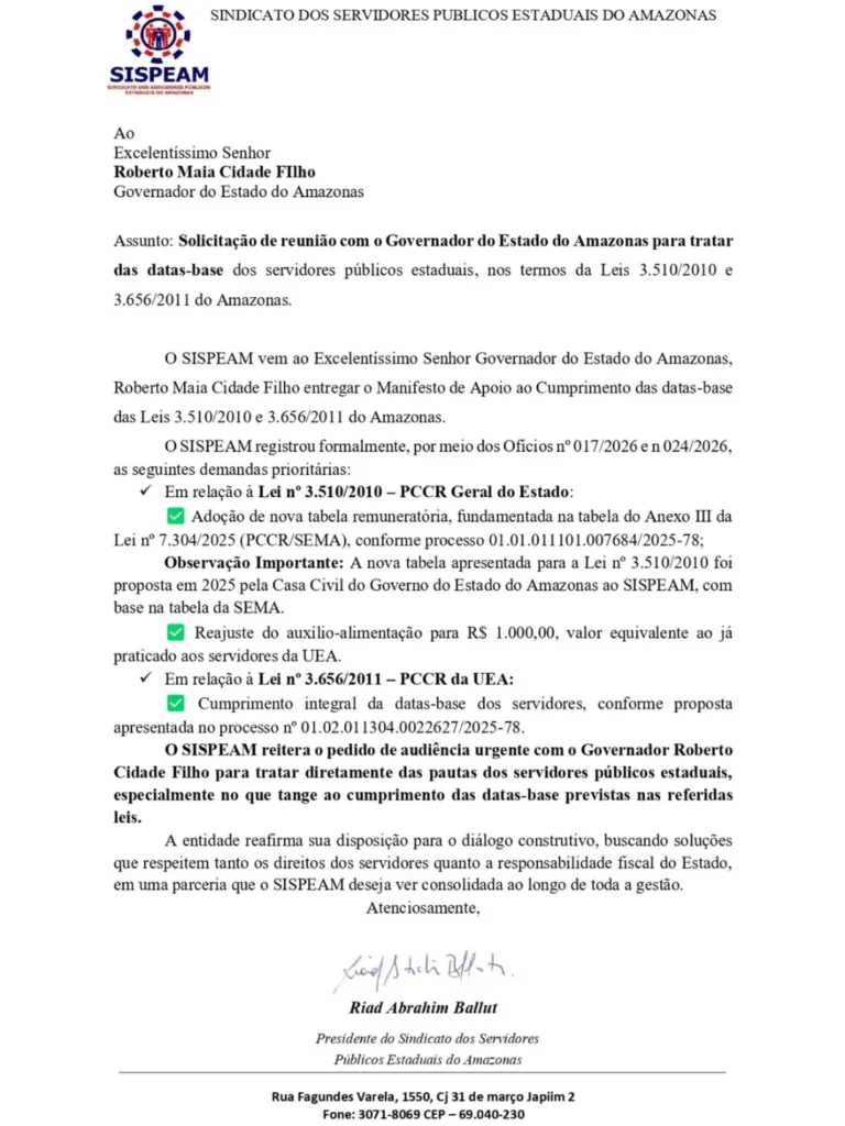 Após ato, servidores públicos cobram reunião com Roberto Cidade e pressiona por reajuste e datas-base