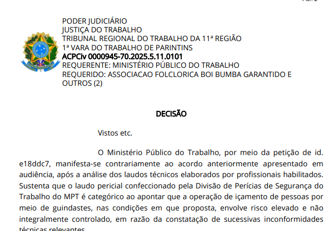 Justiça autoriza uso de guindastes no Festival de Parintins com regras de segurança