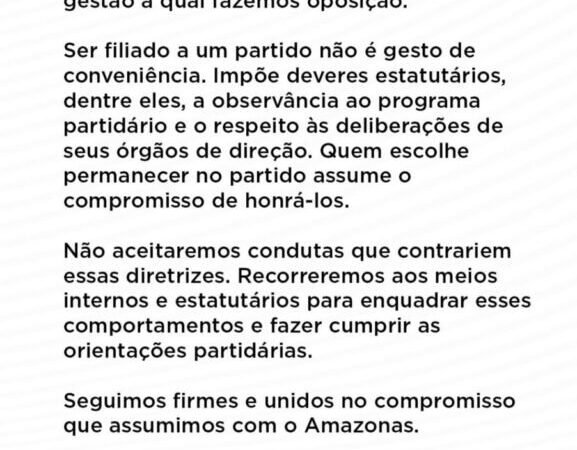 PL-AM ‘enquadra’ filiados que se aproximam de adversários; ‘não aceitaremos’, diz Maria do Carmo