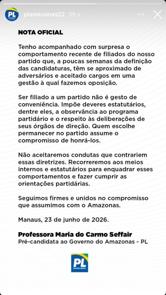 PL-AM ‘enquadra’ filiados que se aproximam de adversários; ‘não aceitaremos’, diz Maria do Carmo