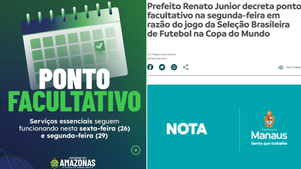 Governo do AM e Prefeitura de Manaus decretam ponto facultativo devido a jogo da Seleção e apuração do Festival de Parintins