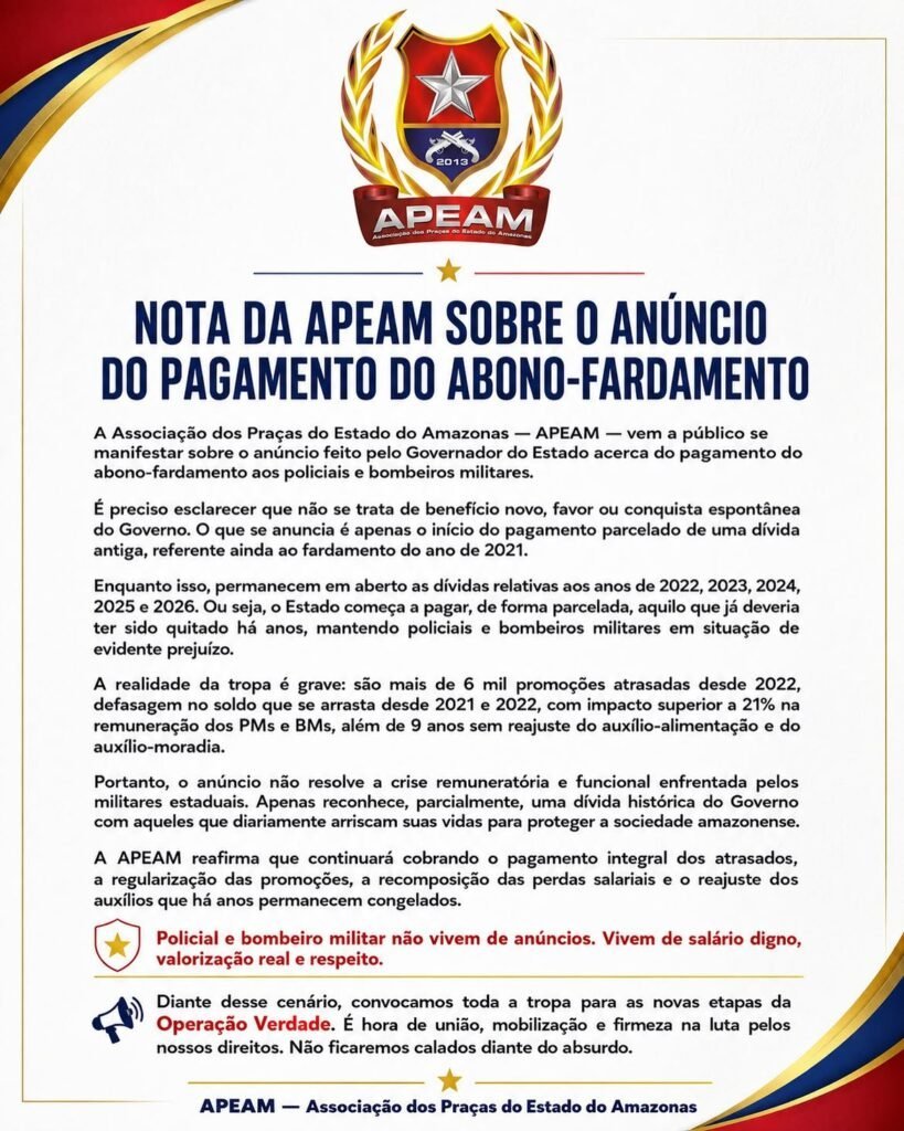 Associações contestam anúncio do abono-fardamento e dizem que Governo do AM apenas quitou dívida antiga