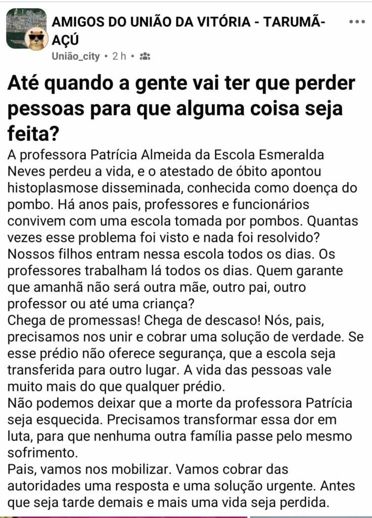 Pais denunciam precariedade na Escola Municipal após morte de professora por doença associada a fezes de pombos