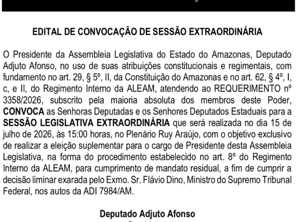 Aleam convoca deputados para eleição da Presidência após decisão do STF