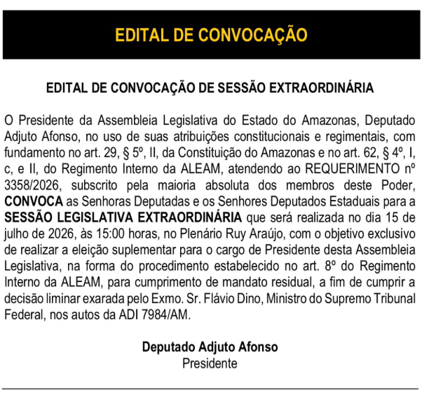Aleam convoca deputados para eleição da Presidência após decisão do STF
