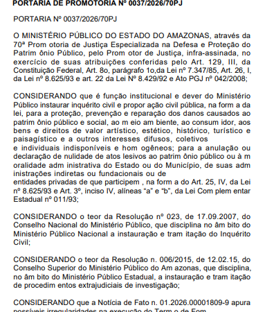 Convênio de quase R$ 1 milhão da Semasc na gestão David Almeida é alvo de investigação do MPAM