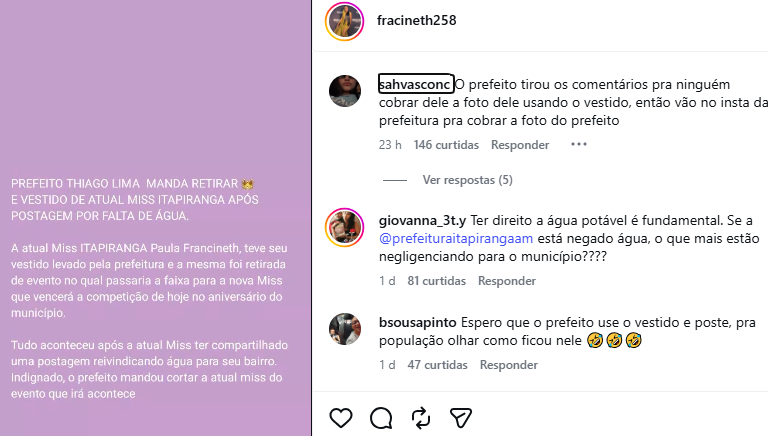 Prefeito de Itapiranga é alvo de denúncia de retaliação contra Miss após postagem nas redes