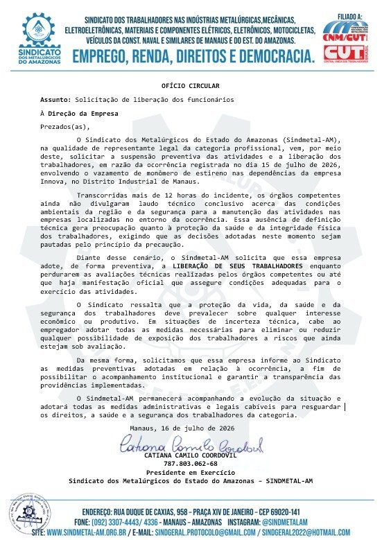 Sindmetal critica empresas após vazamento de estireno e cobra ação das autoridades