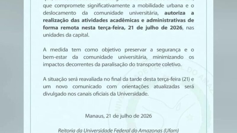 Paralisação dos ônibus: Ufam suspende atividades presenciais e adota ensino remoto em Manaus