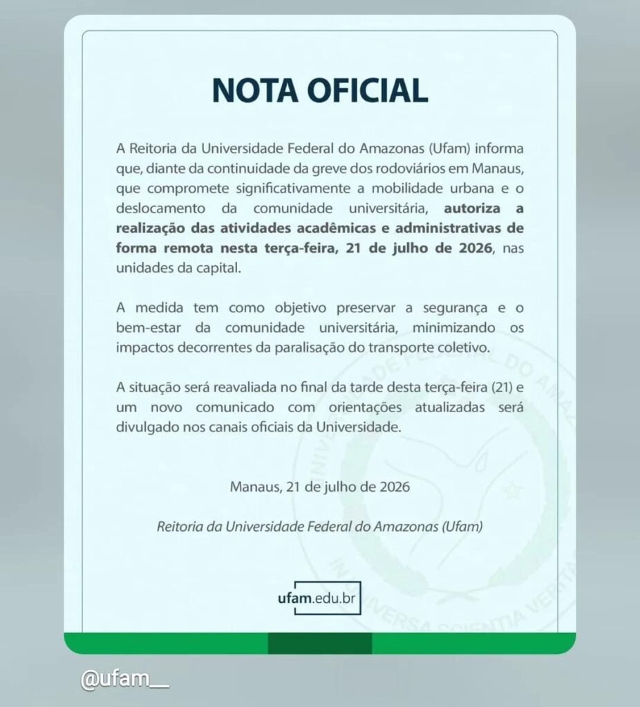 Paralisação dos ônibus: Ufam suspende atividades presenciais e adota ensino remoto em Manaus
