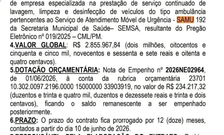 Prefeitura renova contrato de R$ 2,8 milhões para limpeza de ambulâncias; gasto é de R$ 8 mil por dia