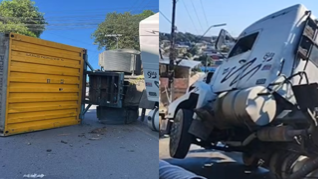 Caminhão com contêiner tomba e bloqueia avenida Samaúma na zona Norte de Manaus