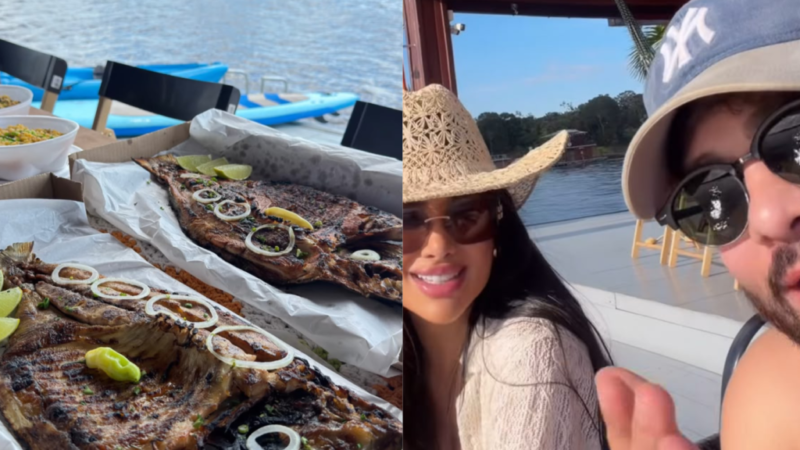 Ex-BBBs Jordana e Paulo Gustavo curtem passeio em flutuante no Rio Negro durante visita a Manaus