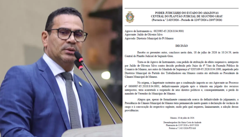 Justiça do Amazonas suspende afastamento de Jaildo Oliveira e mantém mandato de vereador na CMM