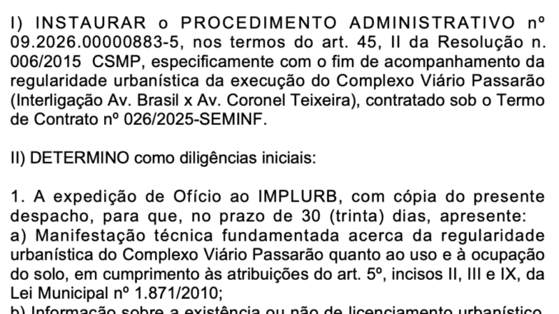 MPAM investiga possíveis falhas em obra de R$ 80,3 milhões do Complexo Viário Passarão
