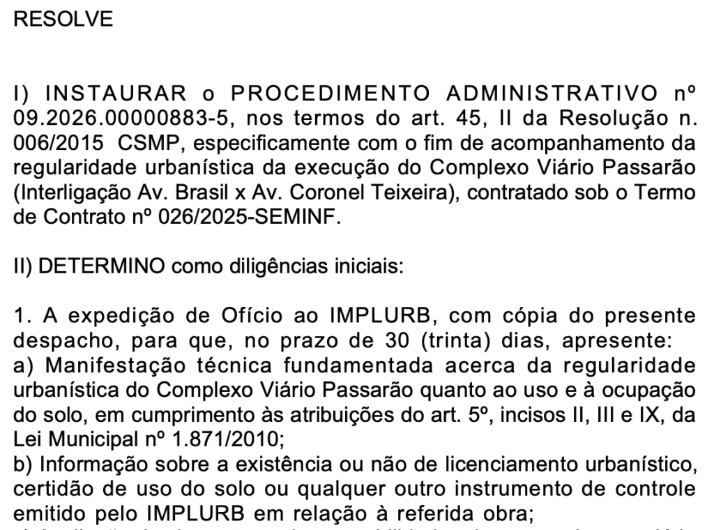 MPAM investiga possíveis falhas em obra de R$ 80,3 milhões do Complexo Viário Passarão