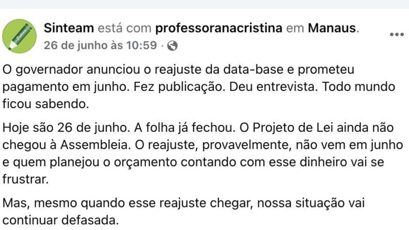 Sinteam cobra Roberto Cidade e diz que reajuste de 4,14% da Educação não foi pago na folha de junho
