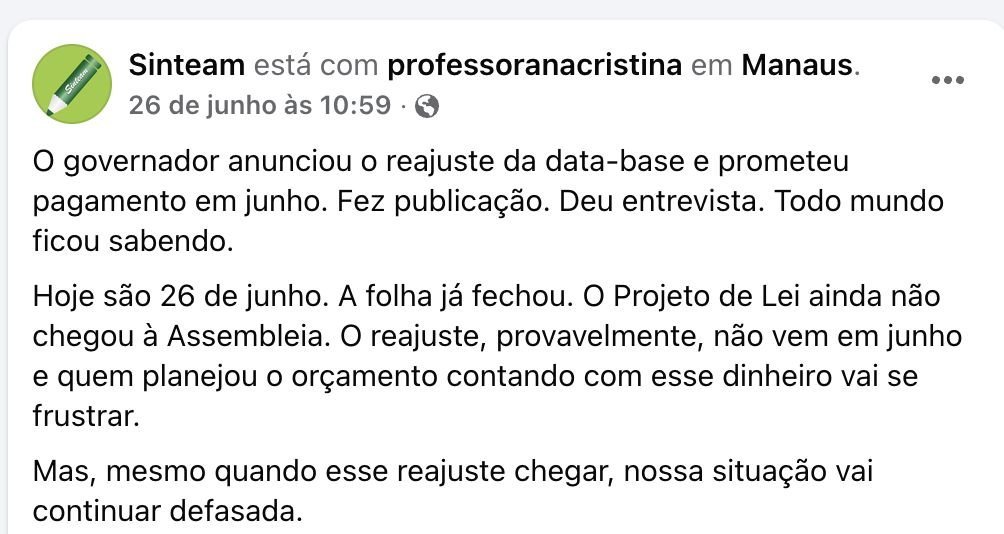 Sinteam cobra Roberto Cidade e diz que reajuste de 4,14% da Educação não foi pago na folha de junho