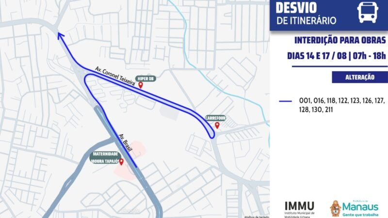 Prefeitura de Manaus orienta sobre desvios do transporte coletivo durante interdições para obras do Complexo Viário Passarão