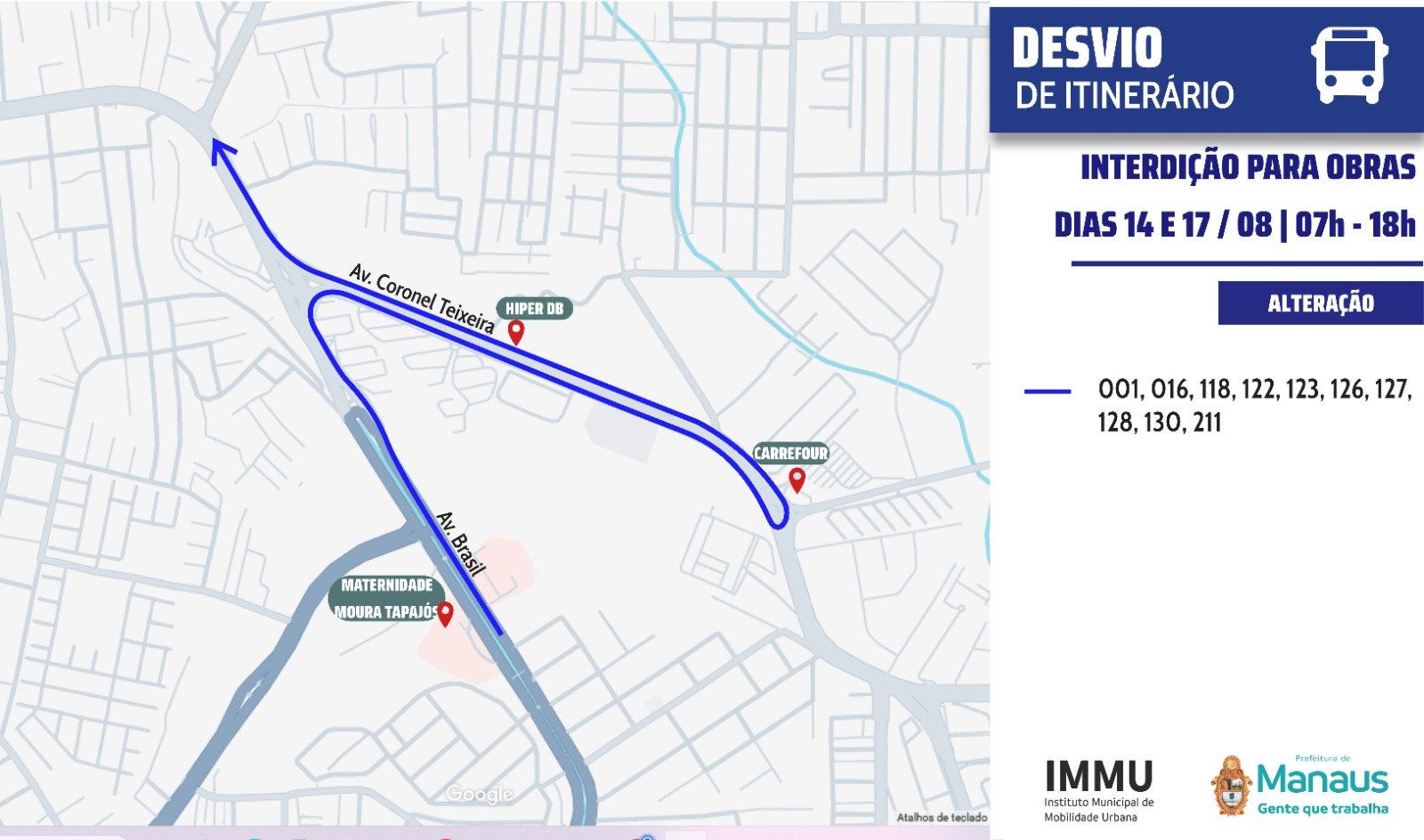 Prefeitura de Manaus orienta sobre desvios do transporte coletivo durante interdições para obras do Complexo Viário Passarão