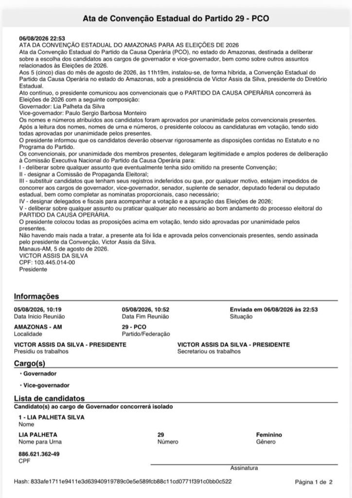 PCO oficializa Lia Palheta e disputa pelo Governo do Amazonas chega a oito candidatos